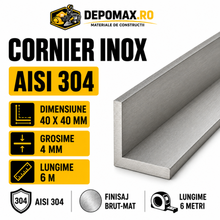 Cornier inox AISI 304, 40 x 40 x 4 mm, 6 metri